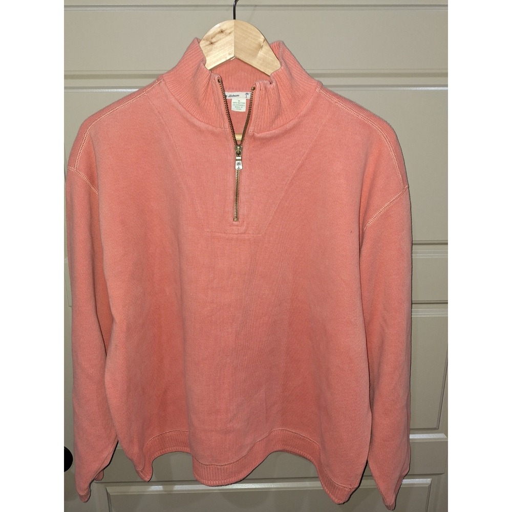 Tommy Bahama Sweater Mens M Long Sleeve  Peach/ Coral 1/4 Zip 98% Cotton 2%spand